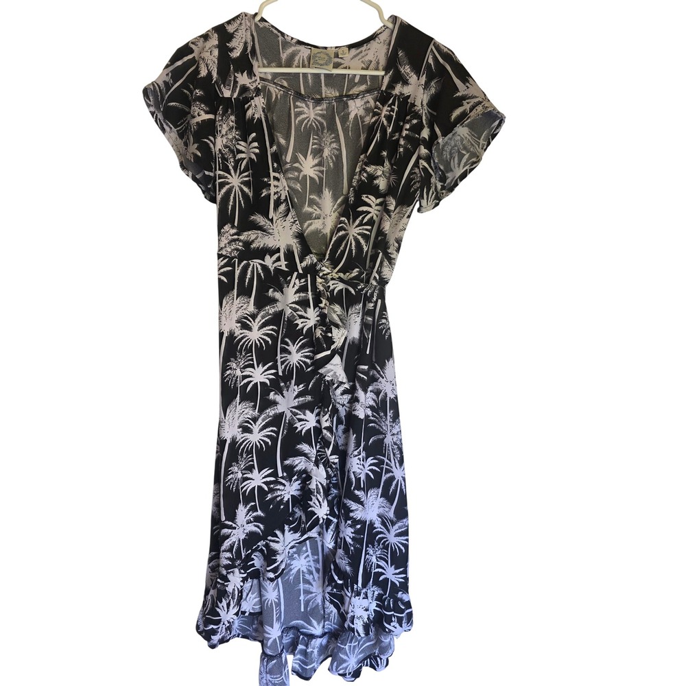 Blue Rain Palm Tree Print High Low Wrap Dress Black White Small